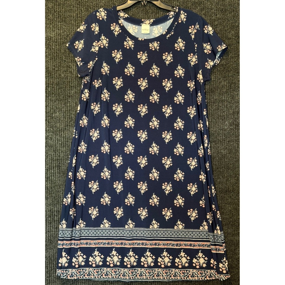 Kaileigh T-Shirt Dress XL Navy Blue Floral Short Sleeve Shift USA Cottagecore